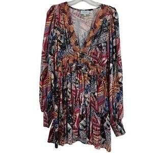 Taj by‎ Sabrina Crippa Dress Womens Medium Multicolor Feather Print Lo Sleeve